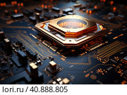 Futuristic future motherboard design with CPU socket, microchips, microprocessors, integrated circuits and connectors for connection, technology science background, AI Generated. Стоковое AI-изображение, AI-художник Станислав Тарко / Фотобанк Лори