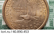 Video of an American one dollar coin on background of paper banknote. Concept of money, finance, exchange rate, money transactions, international trade. Top view, macro, flat lay, close-up. Стоковое видео, видеограф Виктория Катьянова / Фотобанк Лори