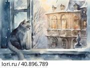 The cat looks out the window at the city at night, winter and snow-covered gabled roofs, smoke from chimneys in the rococo style, white background, high detail, watercolor, watercolor painting , Generative AI. Стоковое AI-изображение, AI-художник Анна Кривицкая / Фотобанк Лори