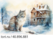 Cat on the background at the city at night, winter and snow-covered gabled roofs, smoke from chimneys in the rococo style,, watercolor painting , Generative AI. Стоковое AI-изображение, AI-художник Анна Кривицкая / Фотобанк Лори