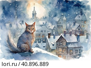 Cat on the background at the city at night, winter and snow-covered gabled roofs, smoke from chimneys in the rococo style,, watercolor painting , Generative AI. Стоковое AI-изображение, AI-художник Анна Кривицкая / Фотобанк Лори