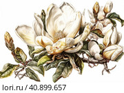 Blooming white magnolia isolated on white background, watercolor painting , Generative AI. Стоковое AI-изображение, AI-художник Анна Кривицкая / Фотобанк Лори
