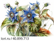 Borage on a white background, watercolor painting , Generative AI. Стоковое AI-изображение, AI-художник Анна Кривицкая / Фотобанк Лори