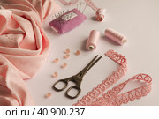Sewing accessories. seamstress tools.materials for sewing, dress for girls. Стоковое фото, фотограф Aily / Фотобанк Лори