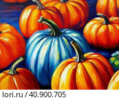 Decorative ornamental orange pumpkins. A jack-o'-lantern or jack o'lantern. Halloween or Hallowe'en, Allhalloween, All Hallows' Eve, or All Saints' Eve. Bright vegetable background - still life. Стоковое AI-изображение, AI-художник Юлия Петровская / Фотобанк Лори