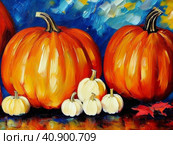 Decorative ornamental orange pumpkins. A jack-o'-lantern or jack o'lantern. Halloween or Hallowe'en, Allhalloween, All Hallows' Eve, or All Saints' Eve. Bright vegetable background - still life. Стоковое AI-изображение, AI-художник Юлия Петровская / Фотобанк Лори