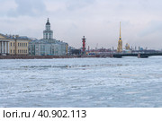 Красивый зимний городской пейзаж. Исторический центр города Санкт-Петербурга, Россия. Вид на здание Кунсткамеры, ростральную колонну и Петропавловский собор. Льдины на реке Неве. Стоковое фото, фотограф Андрей Степанов / Фотобанк Лори