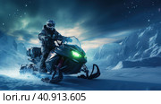Futuristic snowmobile in the snows of the Arctic night with the Northern lights. Generative AI. Стоковое AI-изображение, AI-художник Ирина Ручушкина / Фотобанк Лори
