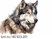 Malamute portrait on white background, watercolor style, Generative AI. Стоковое AI-изображение, AI-художник Анна Кривицкая / Фотобанк Лори