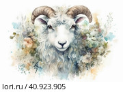 Cute white goatling on white background, watercolor style, Generative AI. Стоковое AI-изображение, AI-художник Анна Кривицкая / Фотобанк Лори