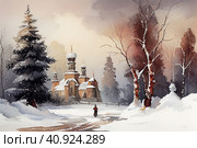 Church among snow-covered nature in winter, watercolor style, Generative AI. Стоковое AI-изображение, AI-художник Анна Кривицкая / Фотобанк Лори
