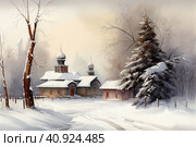 Church among snow-covered nature in winter, watercolor style, Generative AI. Стоковое AI-изображение, AI-художник Анна Кривицкая / Фотобанк Лори