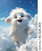 A young white sheep smiles and flies in the clouds. Generated by AI. Стоковое AI-изображение, AI-художник Ярославский Максим / Фотобанк Лори