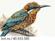 Drawing of a bee-eater on a white background, watercolor style, Generative AI. Стоковое AI-изображение, AI-художник Анна Кривицкая / Фотобанк Лори