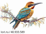 Drawing of a bee-eater on a white background, watercolor style, Generative AI. Стоковое AI-изображение, AI-художник Анна Кривицкая / Фотобанк Лори