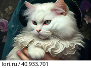Chic white cat in her arms, lady cat, turkish angora, victorian drawing, watercolor style, Generative AI. Стоковое AI-изображение, AI-художник Анна Кривицкая / Фотобанк Лори