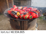 Roasting red peppers for a smoky flavor and quick peeling. Thermal processing of the pepper crop on a metal circle. Brazier container used to burn charcoal fuel for cooking, heating or cultural ritual. Стоковое фото, фотограф Юлия Петровская / Фотобанк Лори