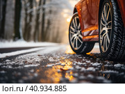 Winter tire. SUV car on snow road. Tires on snowy highway detail. close up view. Space for text. The concept of family travel to a ski resort. Winter or spring holidays adventures. Стоковое AI-изображение, AI-художник Ирина Михайличенко / Фотобанк Лори