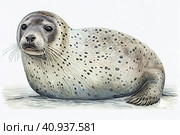 Harp seal, or bald seal. Phoca groenlandica, lat. Pagophilus groenlandicus on a light background, watercolor style, Generative AI. Стоковое AI-изображение, AI-художник Анна Кривицкая / Фотобанк Лори