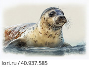 Harp seal, or bald seal. Phoca groenlandica, lat. Pagophilus groenlandicus on a light background, watercolor style, Generative AI. Стоковое AI-изображение, AI-художник Анна Кривицкая / Фотобанк Лори