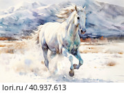 Beautiful running white horse on a light background, watercolor style, Generative AI. Стоковое AI-изображение, AI-художник Анна Кривицкая / Фотобанк Лори
