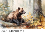 Wolverine in the forest, watercolor style, Generative AI. Стоковое AI-изображение, AI-художник Анна Кривицкая / Фотобанк Лори