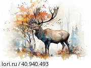 Deer with big antlers in the forest, watercolor style, Generative AI. Стоковое AI-изображение, AI-художник Анна Кривицкая / Фотобанк Лори