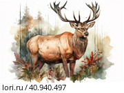 Deer with big antlers in the forest, watercolor style, Generative AI. Стоковое AI-изображение, AI-художник Анна Кривицкая / Фотобанк Лори