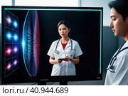 Medical Hospital: Neurologist and Neurosurgeon Talk, Use Computer, Analyse Patient MRI Scan, Diagnose Brain. Brain Surgery Health Clinic Lab: Two Professional Physicians Look at CT Scan. Generative AI. Стоковое AI-изображение, AI-художник Sergey Grishin / Фотобанк Лори