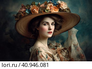Modern beautiful woman in 1910s fashion style with hourglass waist, voluminous skirt and wide hat decorated with flowers and veil. Generative AI. Стоковое AI-изображение, AI-художник Анна Кривицкая / Фотобанк Лори