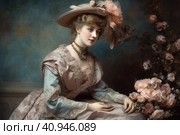 Modern beautiful woman in 1910s fashion style with hourglass waist, voluminous skirt and wide hat decorated with flowers and veil. Generative AI. Стоковое AI-изображение, AI-художник Анна Кривицкая / Фотобанк Лори