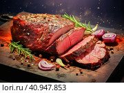 A piece of baked meat with chopped slices, on a dark background. Стоковое AI-изображение, AI-художник Юрий Поздников / Фотобанк Лори