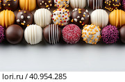 Extremely close-up photo of delicious chocolate-orange macaroni cookies of different colors close-up. Стоковое AI-изображение, AI-художник Ярославский Максим / Фотобанк Лори