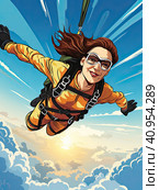 A female parachutist jumps out of an airplane and parachutes into the open sky. Created by AI. Стоковое AI-изображение, AI-художник Ярославский Максим / Фотобанк Лори