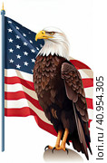 Bald American eagle on the background of the US flag. Стоковое AI-изображение, AI-художник Ярославский Максим / Фотобанк Лори