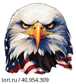 Bald American eagle on the background of the US flag. Стоковое AI-изображение, AI-художник Ярославский Максим / Фотобанк Лори