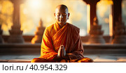 A Buddhist monk sits in a lotus position among many candles. Created by AI. Стоковое AI-изображение, AI-художник Ярославский Максим / Фотобанк Лори