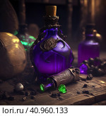 2.	Magic potion in an old bottle among witchcraft accessories, Магическое зелье в старинном флаконе среди колдовских аксессуаров. Стоковое AI-изображение, AI-художник Елена Титова / Фотобанк Лори