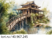 Landscape painting, ancient style, scroll, bamboo grove, wooden bridge, ancient architecture, upturned eaves, tranquility, pastoral scenery,, watercolor style, Generative AI. Стоковое AI-изображение, AI-художник Анна Кривицкая / Фотобанк Лори