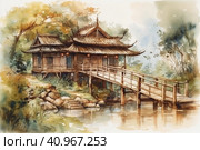 Landscape painting, ancient style, scroll, bamboo grove, wooden bridge, ancient architecture, upturned eaves, tranquility, pastoral scenery,, watercolor style, Generative AI. Стоковое AI-изображение, AI-художник Анна Кривицкая / Фотобанк Лори