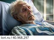 An elderly sick old man lies in bed in a hospice. Стоковое AI-изображение, AI-художник Юрий Поздников / Фотобанк Лори