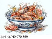 Still life with shrimps in a dish, watercolor style, Generative AI. Стоковое AI-изображение, AI-художник Анна Кривицкая / Фотобанк Лори