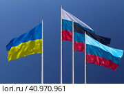 Flags of Ukraine, Russia, Donetsk People's Republic and Lugansk People's Republic. The Donetsk and Lugansk People's Republics are partially recognized state entities in Europe. Blue background. (2022 год). Стоковое фото, фотограф Алексей Игнатов / Фотобанк Лори