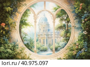 Large oval windows overlooked a garden with roses, watercolor style, Generative AI. Стоковое AI-изображение, AI-художник Анна Кривицкая / Фотобанк Лори