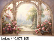 Large oval windows overlooked a garden with roses, watercolor style, Generative AI. Стоковое AI-изображение, AI-художник Анна Кривицкая / Фотобанк Лори