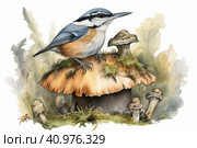 Nuthatch on a white background, watercolor style, Generative AI. Стоковое AI-изображение, AI-художник Анна Кривицкая / Фотобанк Лори