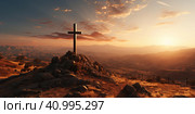 A religious Christian cross with a crucifix on the top of a mountain. Generated by AI.R. Стоковое AI-изображение, AI-художник Ярославский Максим / Фотобанк Лори