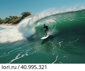 A surfer slides on a large ocean wave on a board. Generated by AI. Стоковое AI-изображение, AI-художник Ярославский Максим / Фотобанк Лори