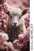 A young sheep in pink flowers. Стоковое AI-изображение, AI-художник Ярославский Максим / Фотобанк Лори