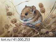Field mouse among the grass, watercolor style, Generative AI. Стоковое AI-изображение, AI-художник Анна Кривицкая / Фотобанк Лори